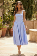 Striped Sleeveless Side Gathered Flare Midi Dress