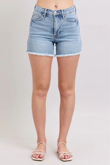 Judy Blue Tummy Control Light Destroy & Fray Hem Shorts
