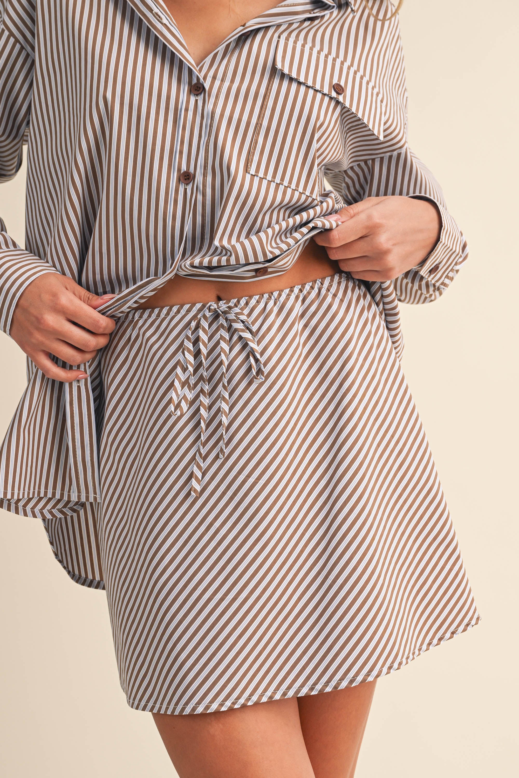 Striped Flap Pocket Oversized Shirt and Skirt