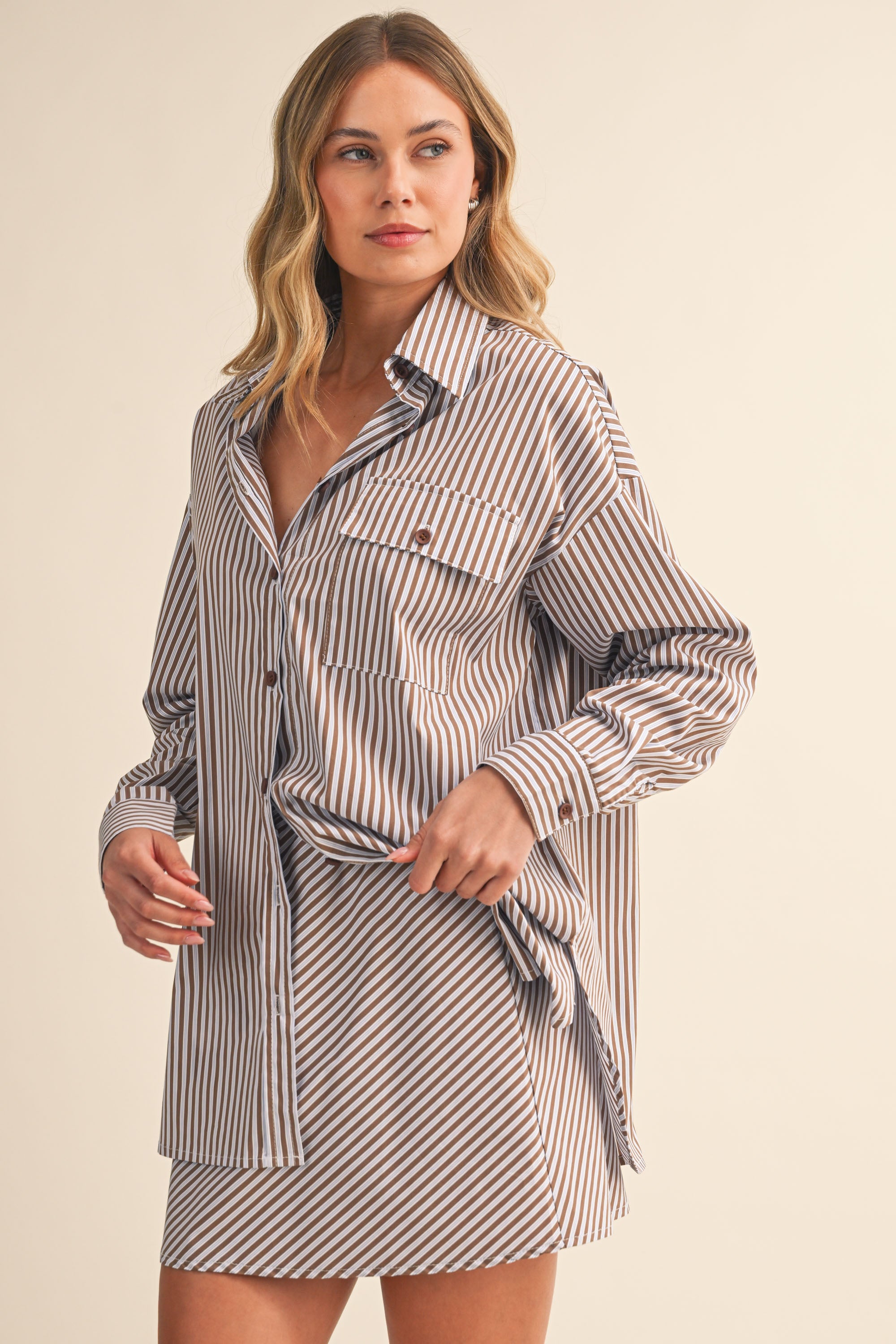 Striped Flap Pocket Oversized Shirt and Skirt