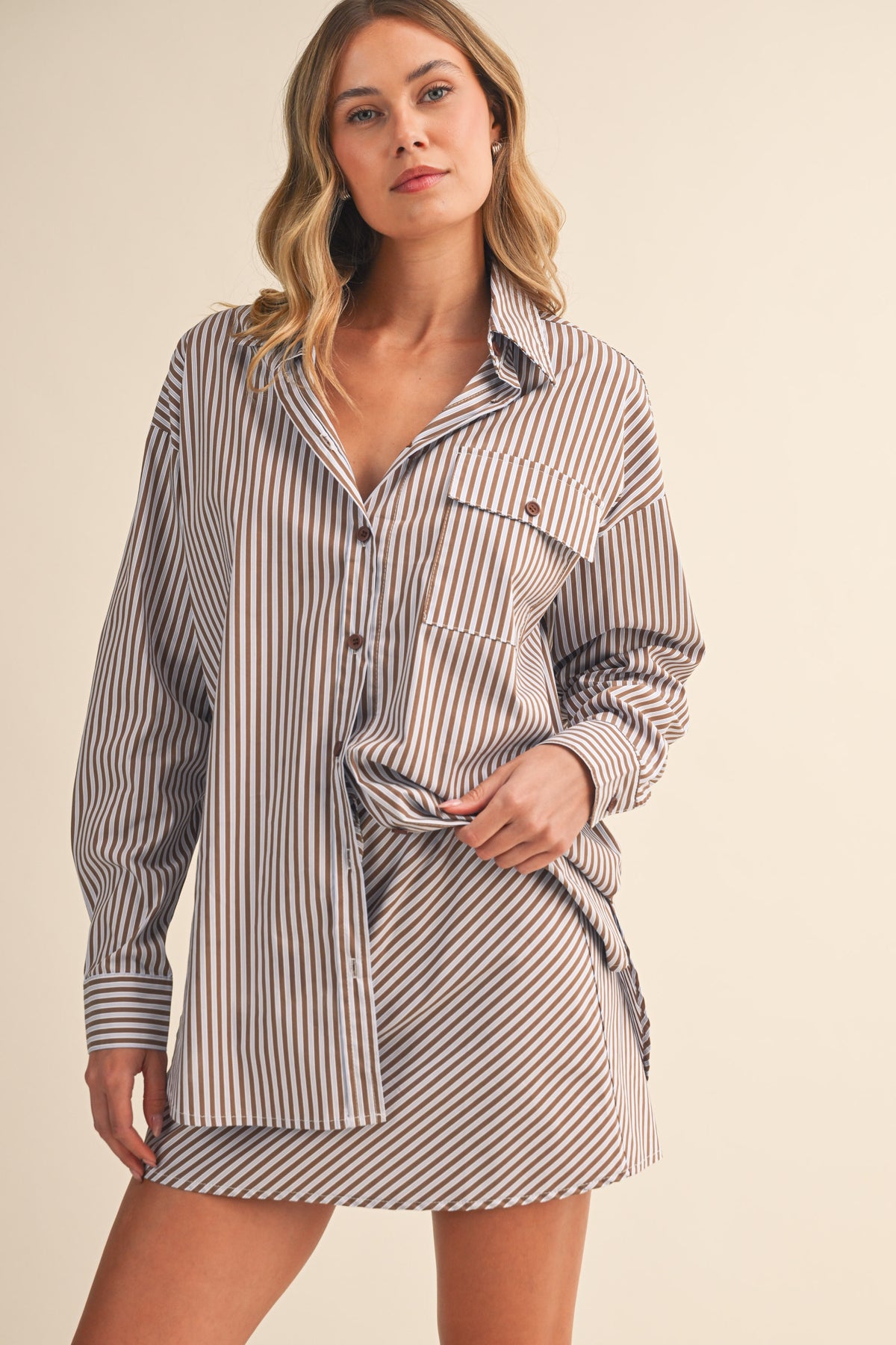Striped Flap Pocket Oversized Shirt and Skirt