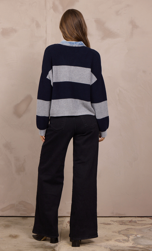 Grey/Navy Sweater w/Denim Collar