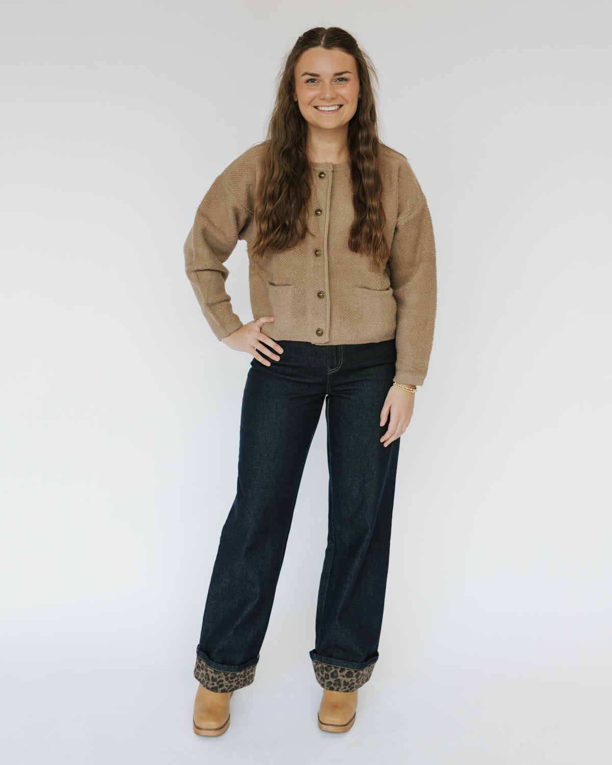 High Rise Leopard Contrast Roll Up Detail Pants