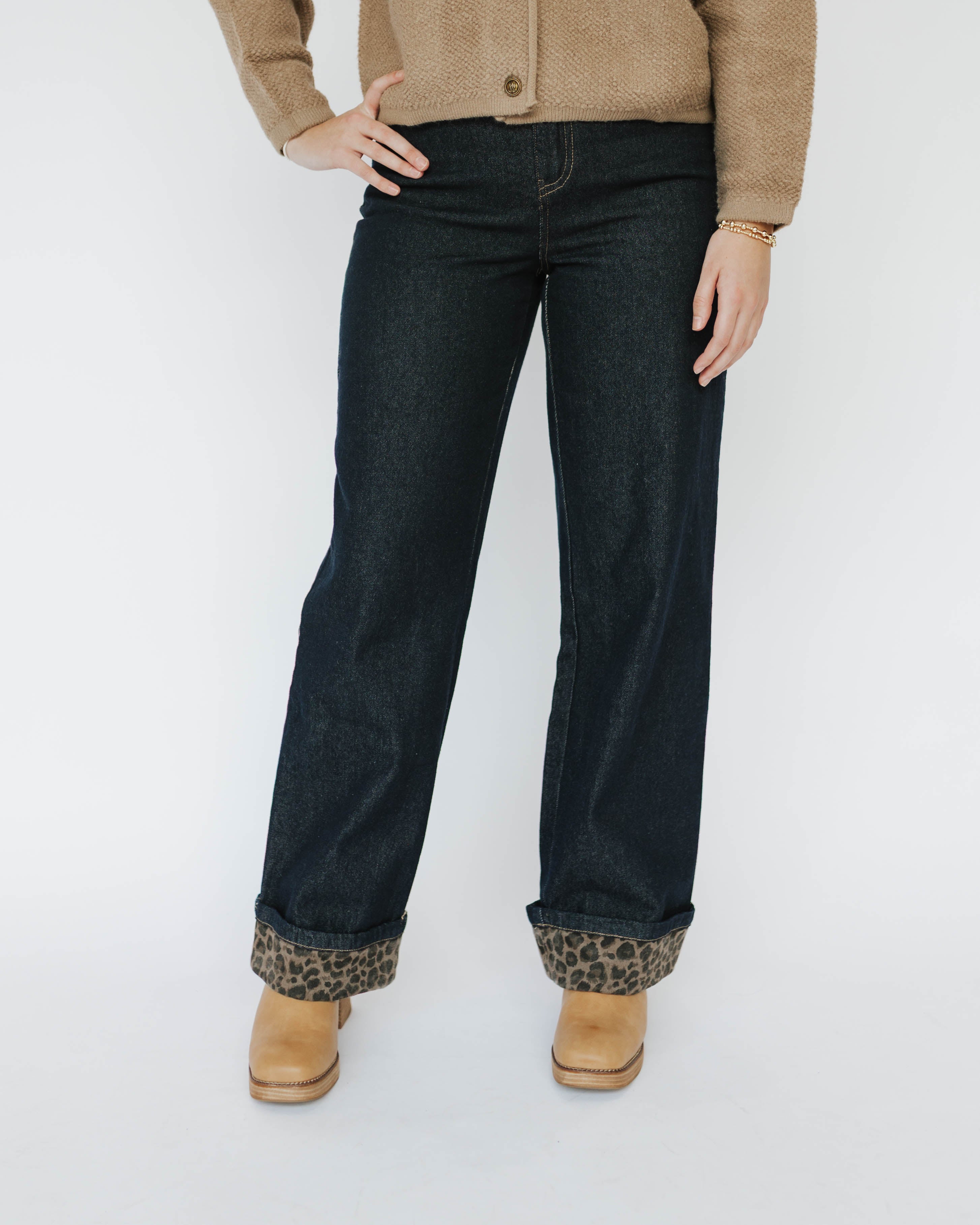 High Rise Leopard Contrast Roll Up Detail Pants