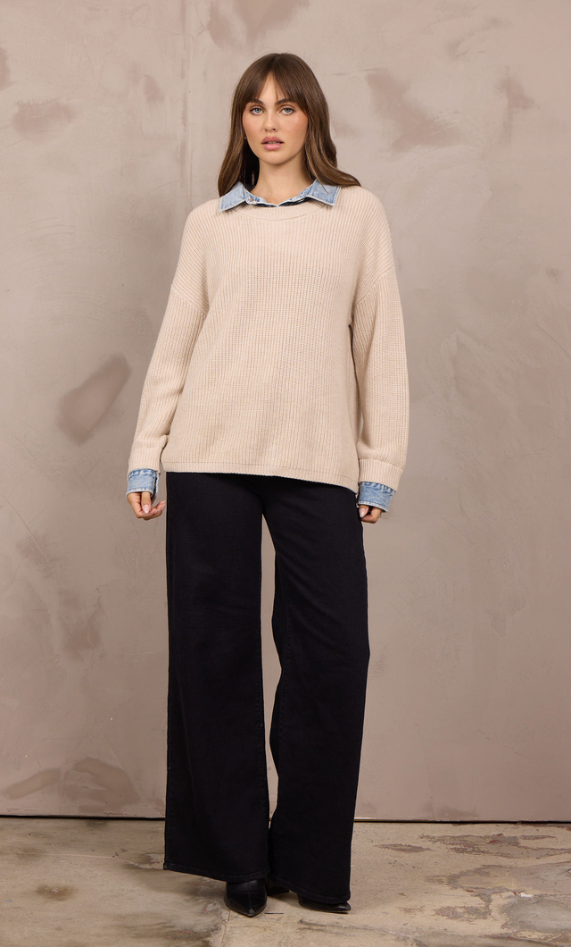 Taupe Sweater w/Denim Collar Cuff