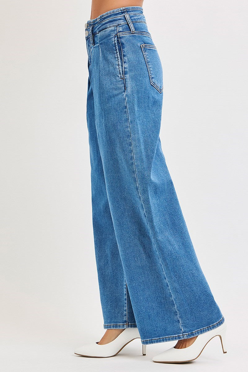 Risen Mid Rise Fit Wide Leg with Pleated Detail Jeans