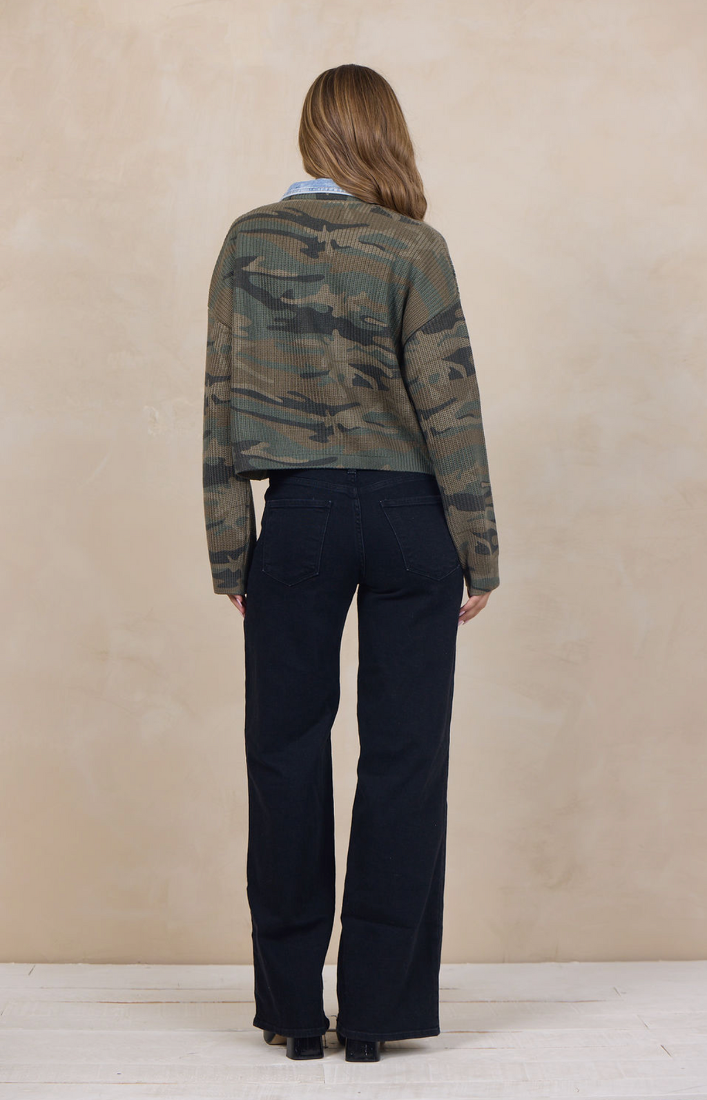Camo V-Neck Sweater w/Denim Collar