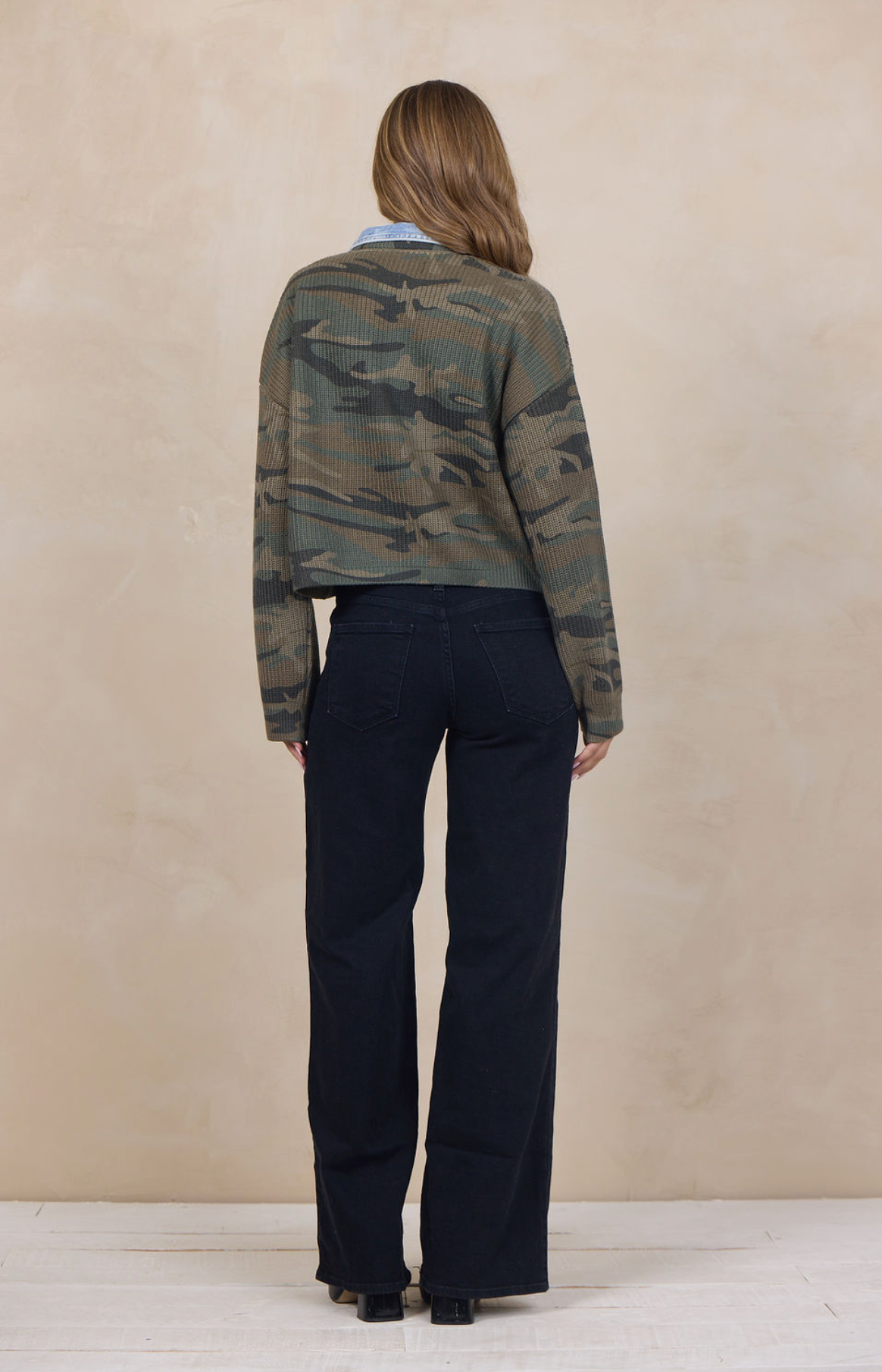 Camo V-Neck Sweater w/Denim Collar