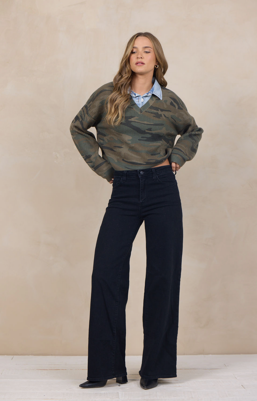 Camo V-Neck Sweater w/Denim Collar