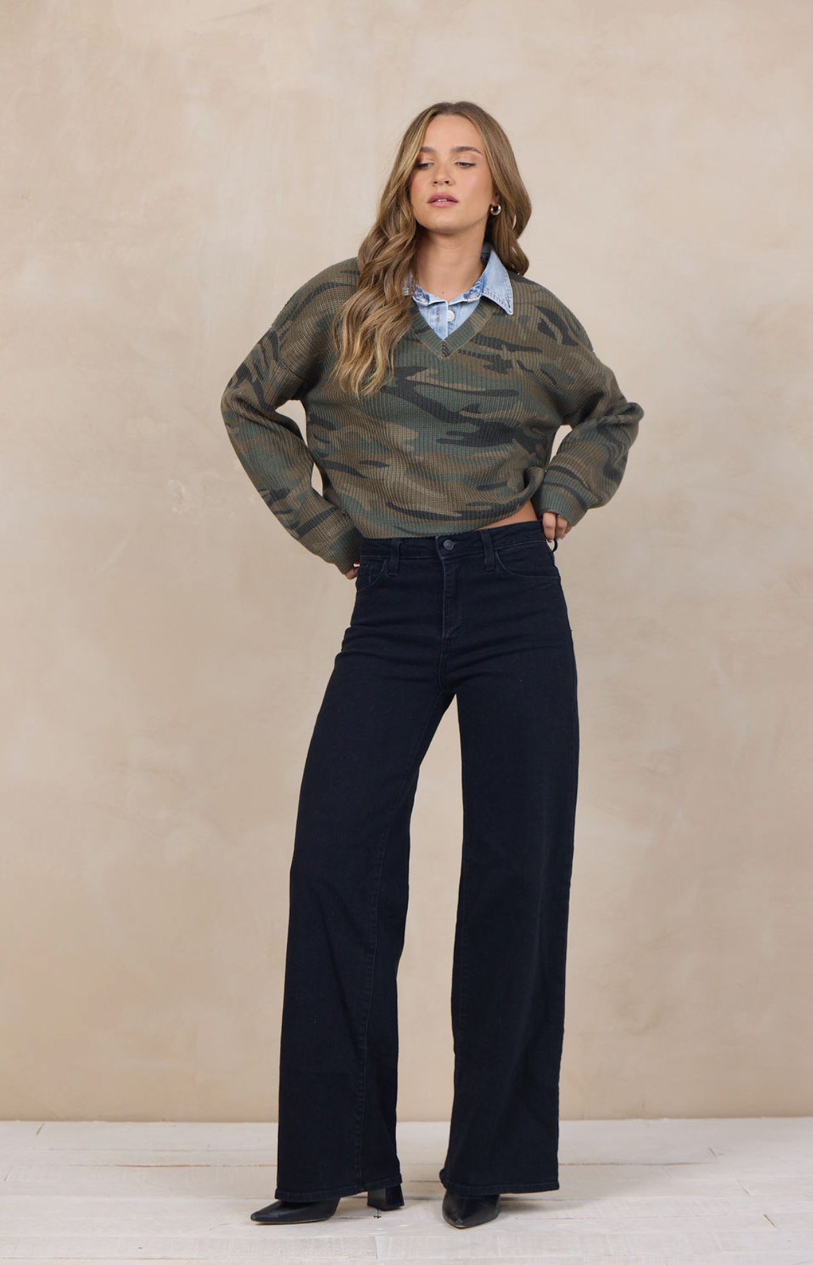 Camo V-Neck Sweater w/Denim Collar