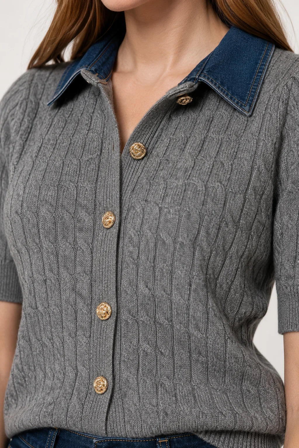 Cable Knit and Denim Sweater