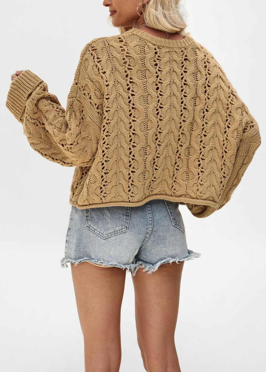 Chunky Open-Knit Henley Sweater with Wide Sleeves