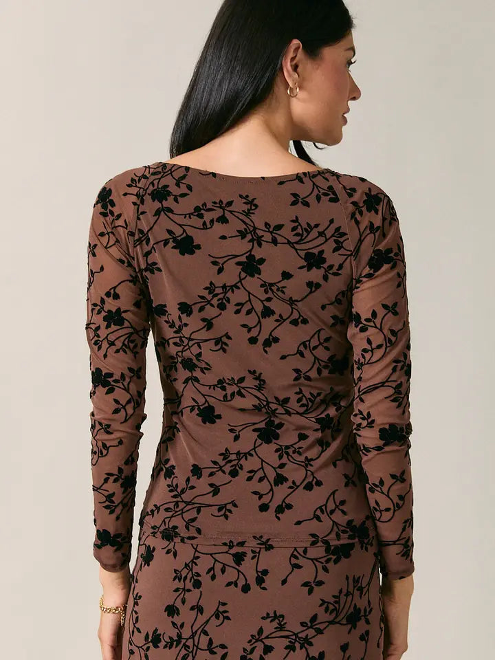 Boat Neck Ragalan Long Sleeve Floral Flocking Mesh Top