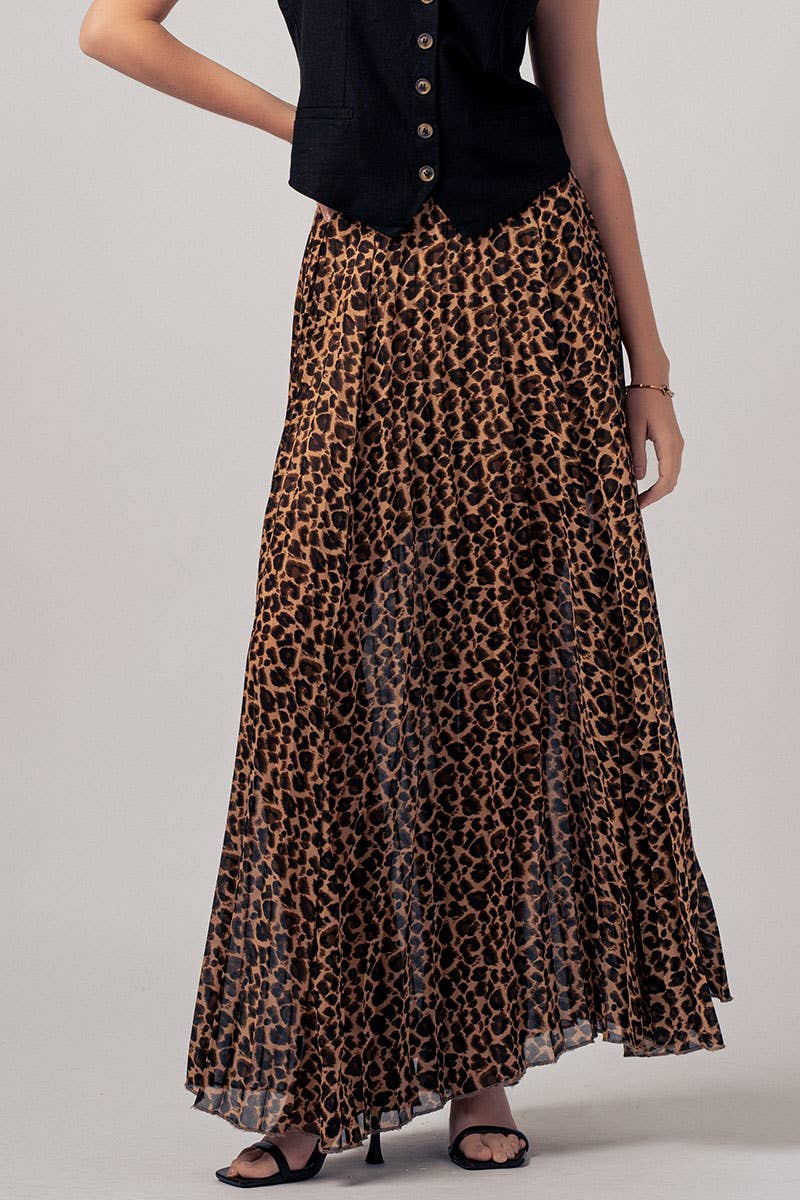 Sophisticated Leopard Print Pleated Flowy A Line Midi Skirt