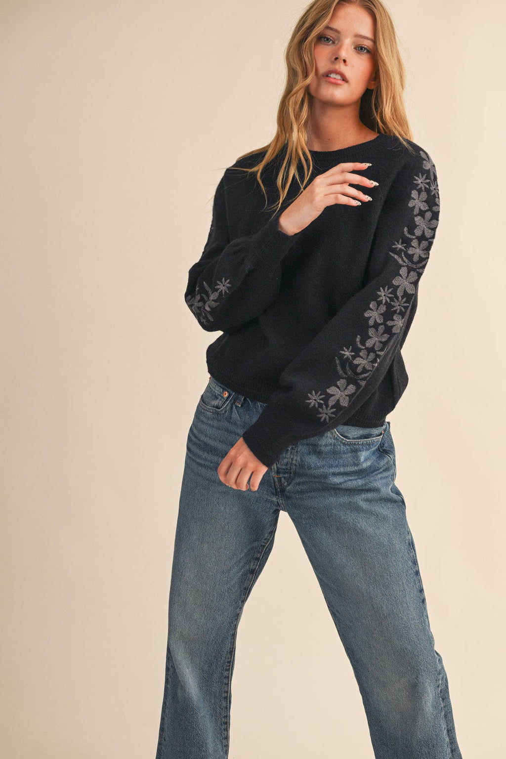 Pullover Sweater with Floral Embroidered Sleeves