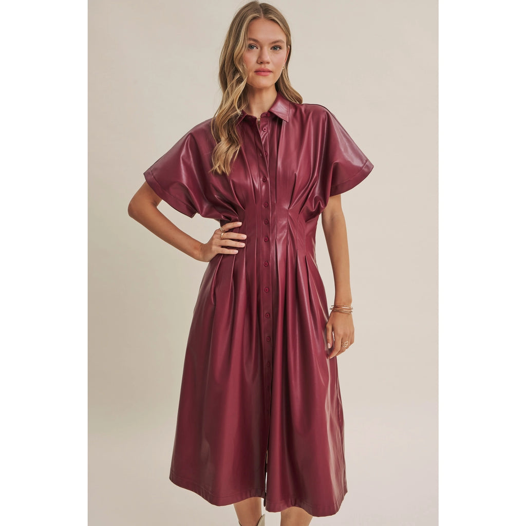 Slow City Lights Leather Pin Tuck Midi Dress
