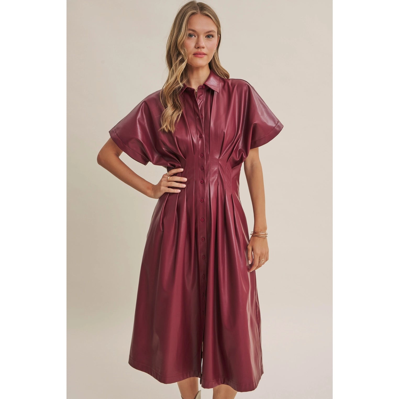 Slow City Lights Leather Pin Tuck Midi Dress