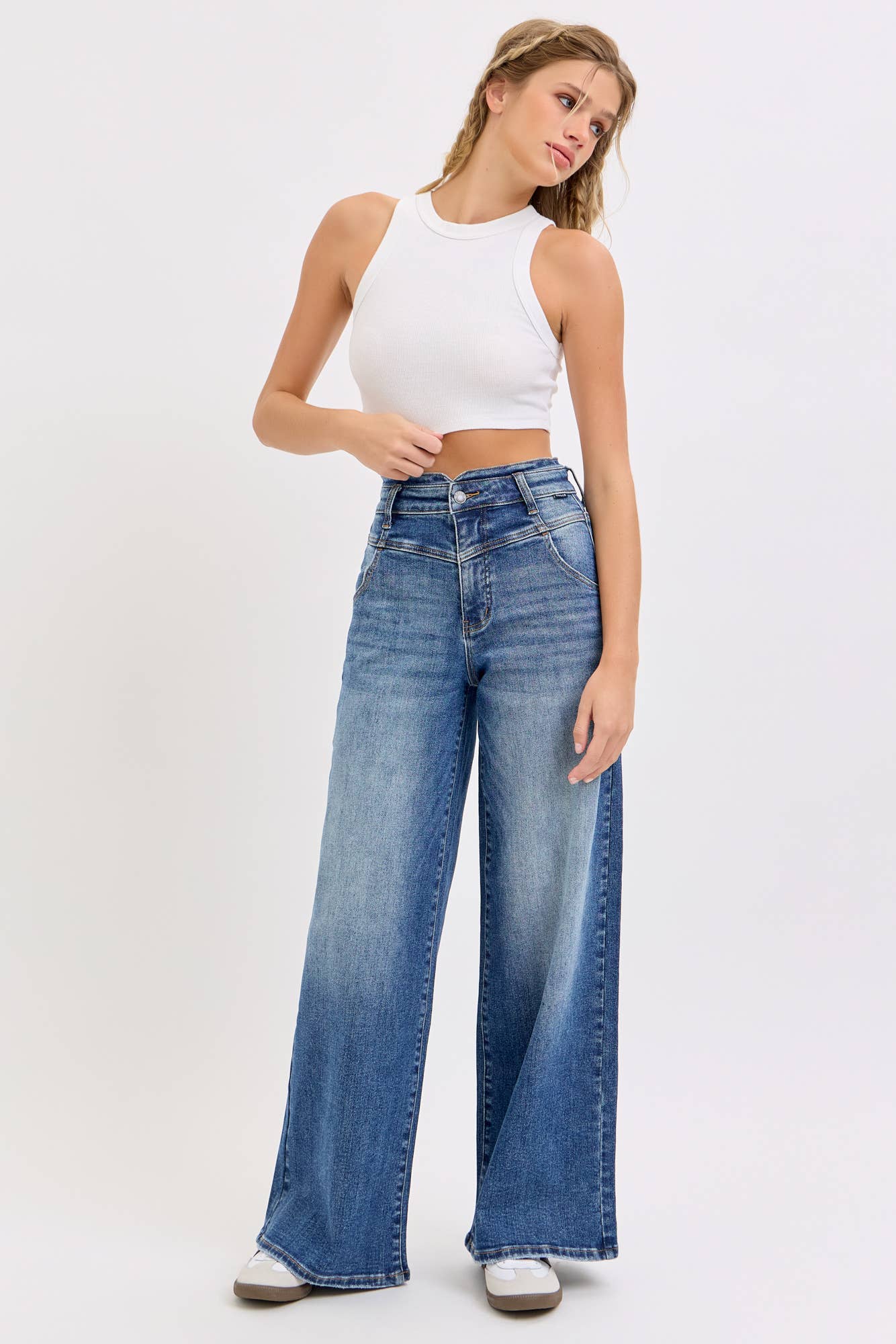 High Rise Wide Leg with V Shape Double Waist Band