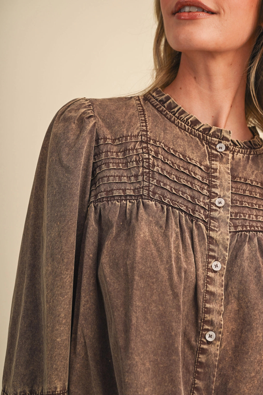 Washed Tencel Pin Tuck Button Up Top