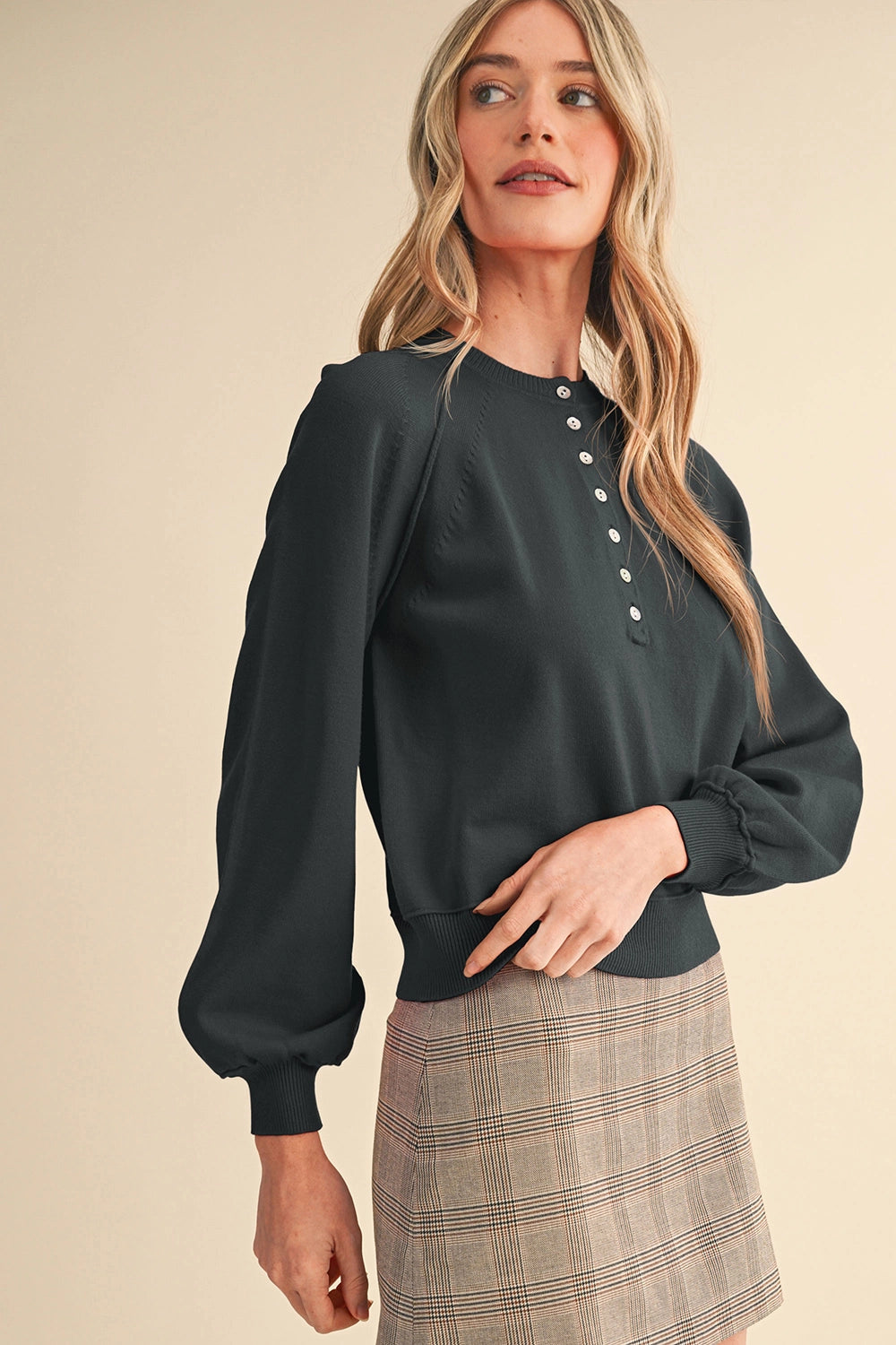 Puff Sleeve Henley Shell Button Sweater