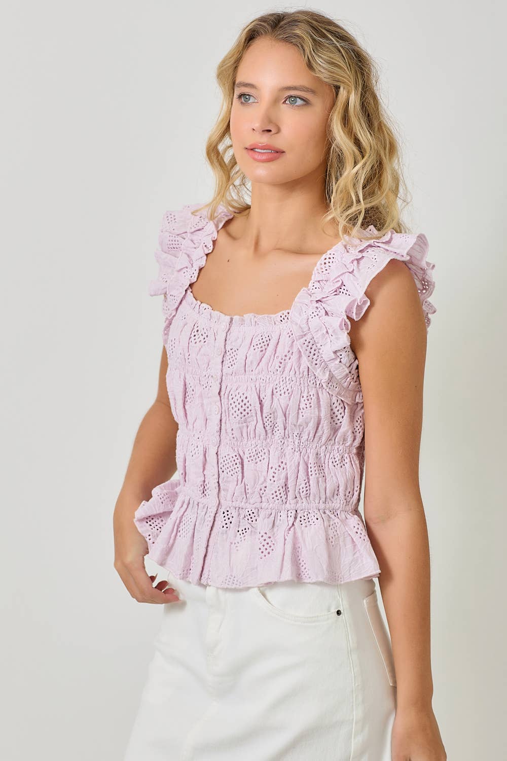 Ruffle Shoulder Ruched Top