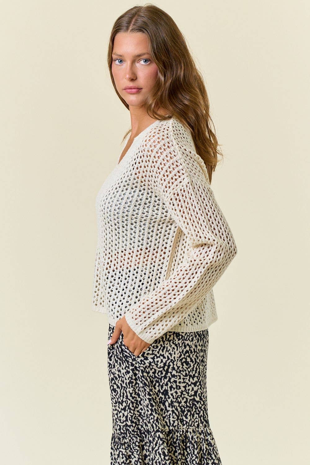 Split V-Neck Long Sleeve Open-Knit Sweater