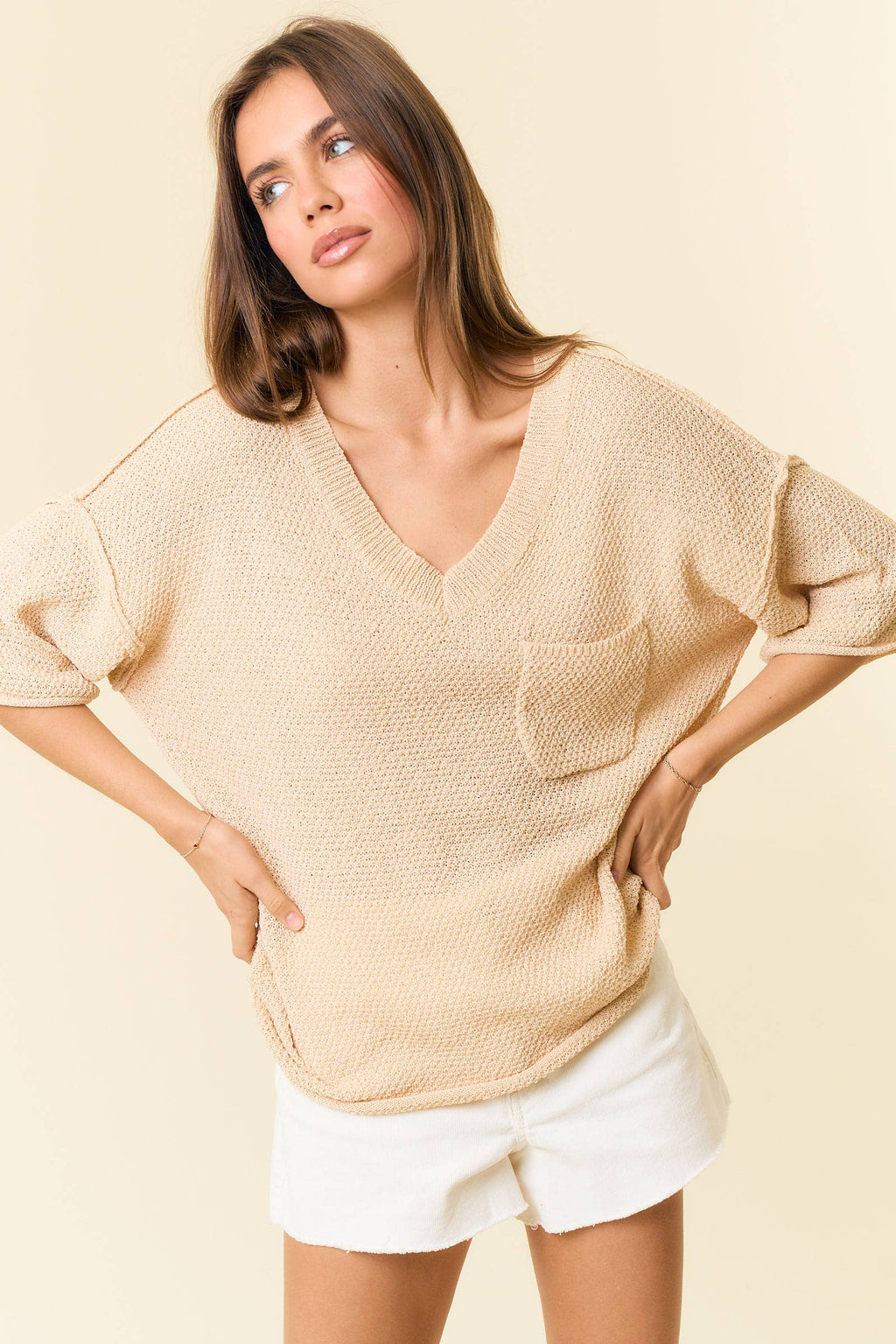 V-Neck Dropped Short Sleeve Exposed Seam Sweater
