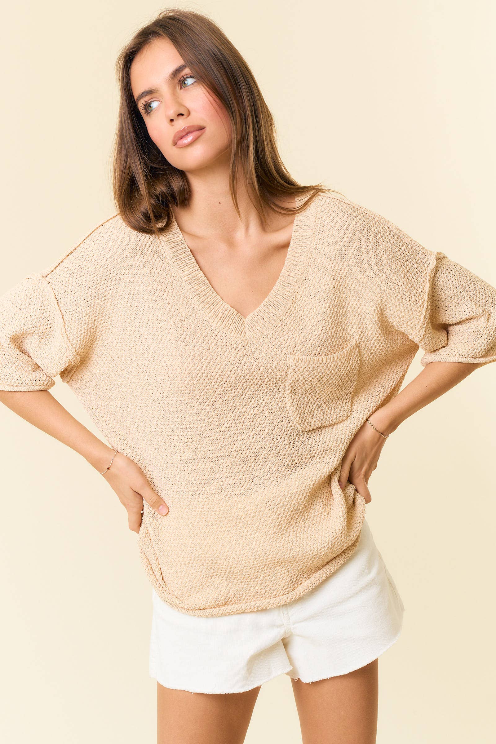 V-Neck Dropped Short Sleeve Exposed Seam Sweater