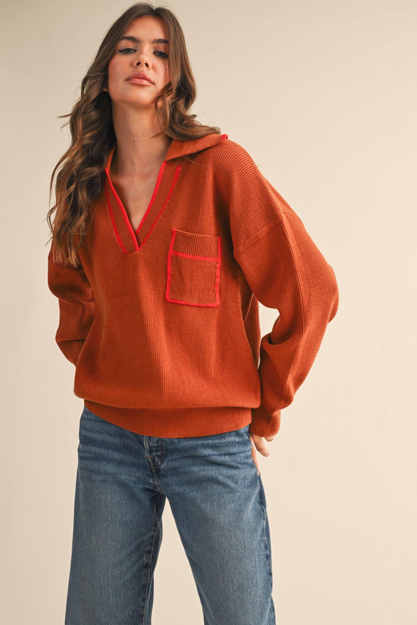 Ribbed Collar Pull Over Sweater