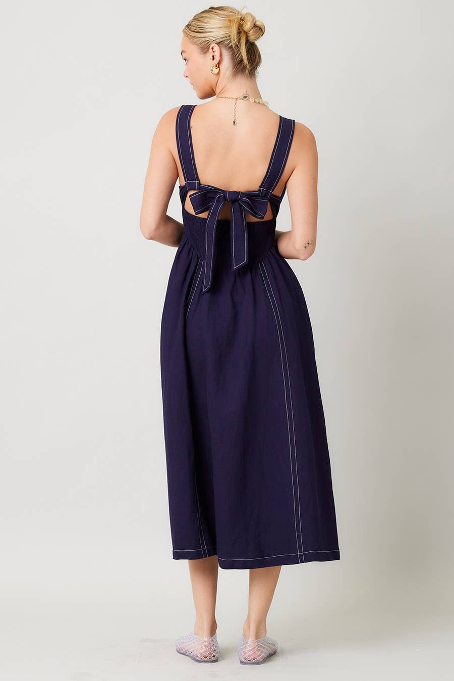 Linen Contrast Stitch Midi Dress
