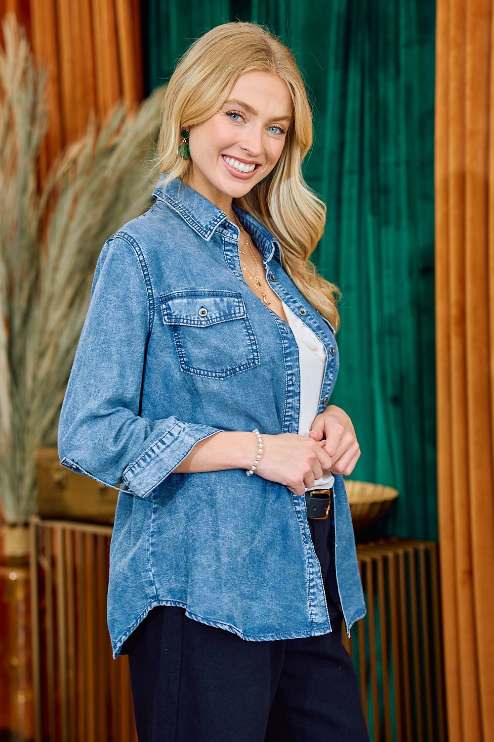Chambray Button Down Shirt With Roll up Sleeve