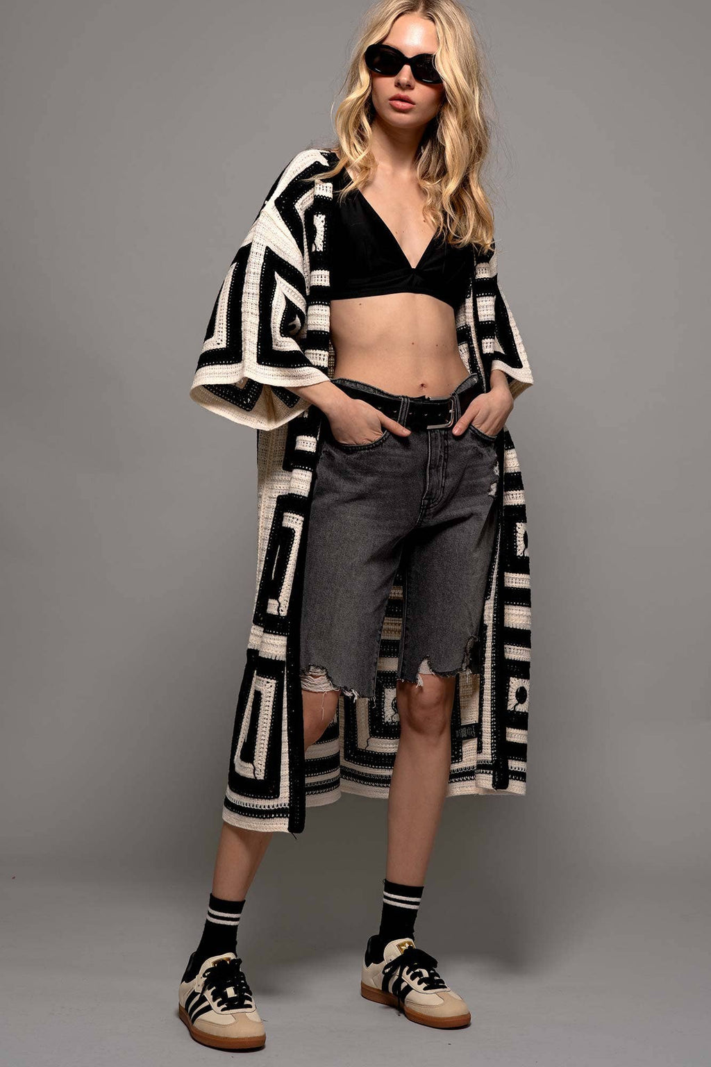 Geometric Crochet Midi Length Open Front Cardigan