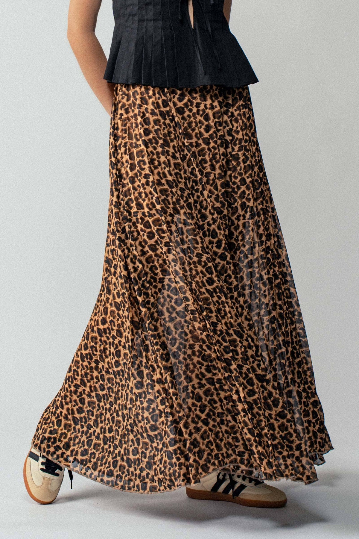 Sophisticated Leopard Print Pleated Flowy A Line Midi Skirt
