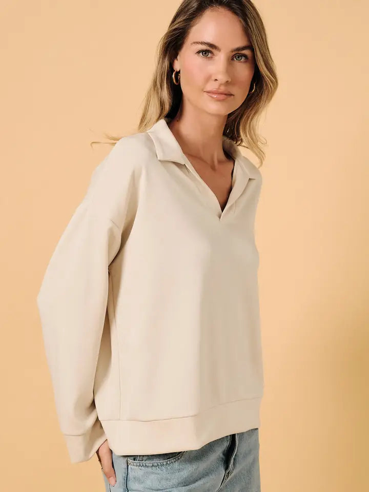 Johnny Collar Long Sleeve Oversize Polo Sweatshirt