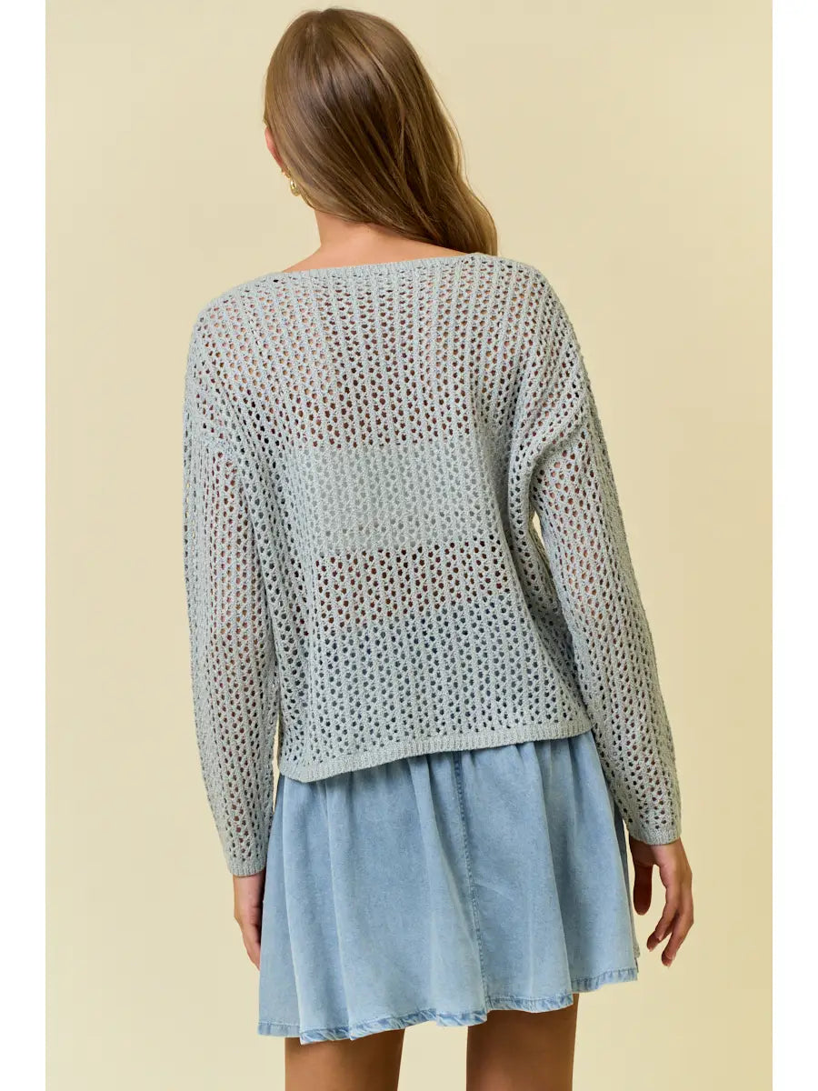Split V-Neck Long Sleeve Open-Knit Sweater