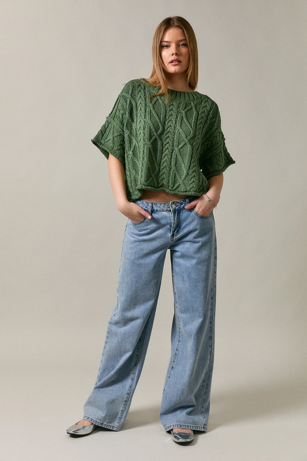 Cable Knit Short Sleeve Crew Neck Sweater Top