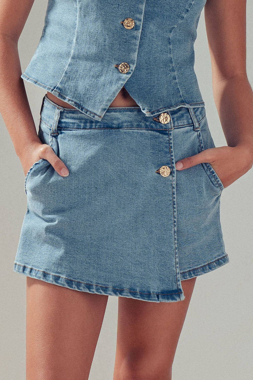 Gold Button Front Denim Skort