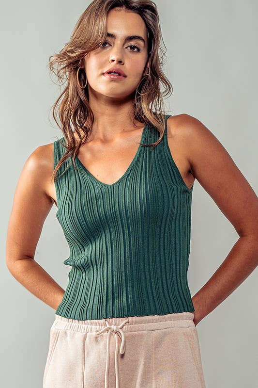 Textured Ribbed V Neck Knit Tank Top