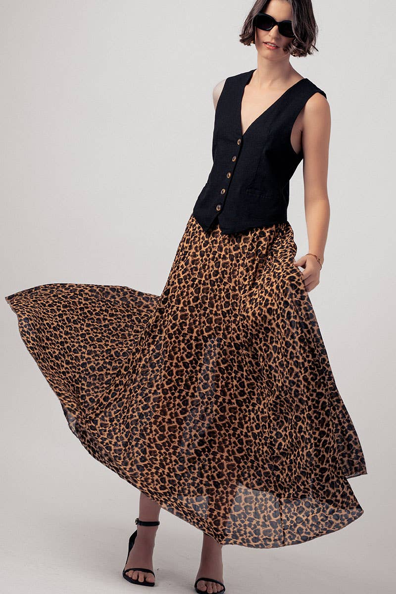 Sophisticated Leopard Print Pleated Flowy A Line Midi Skirt