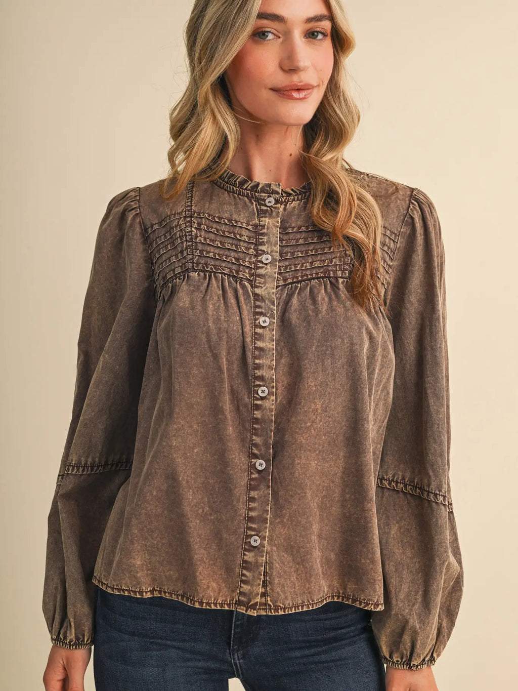 Washed Tencel Pin Tuck Button Up Top