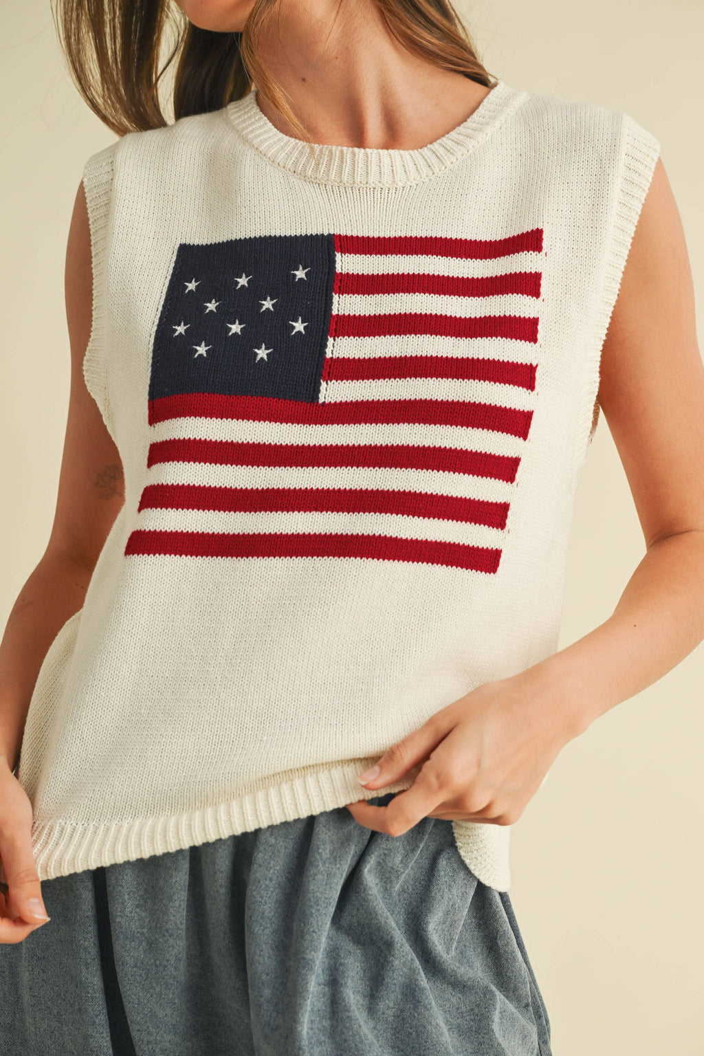 USA FLAG SLEVELESS KNIT PULLOVER SWEATER