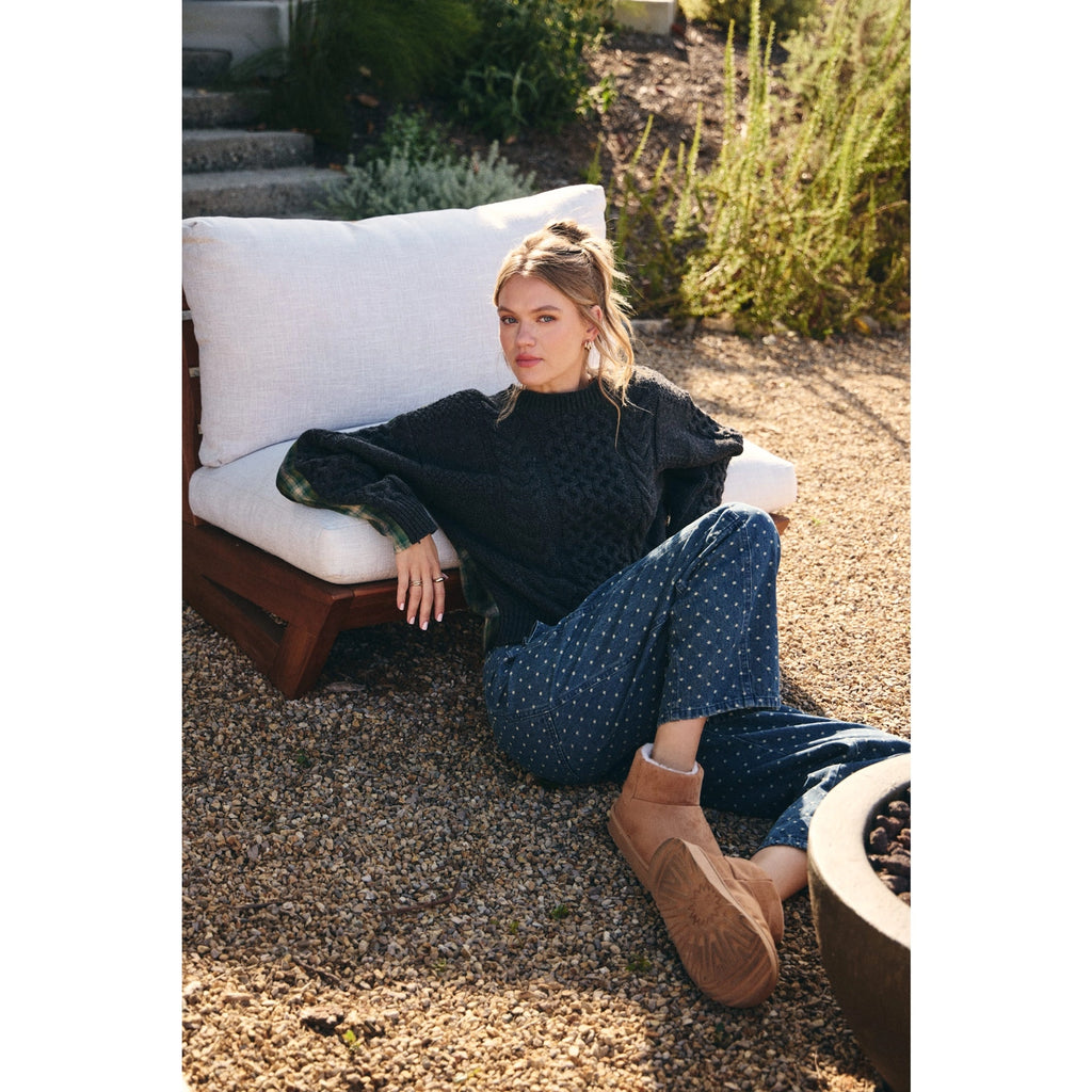 Woodland Plaid Back Cable Knit Sweater Top