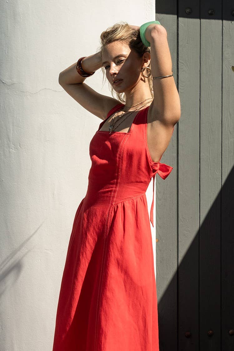 Linen Contrast Stitch Midi Dress
