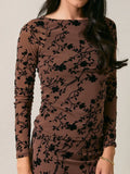 Boat Neck Ragalan Long Sleeve Floral Flocking Mesh Top
