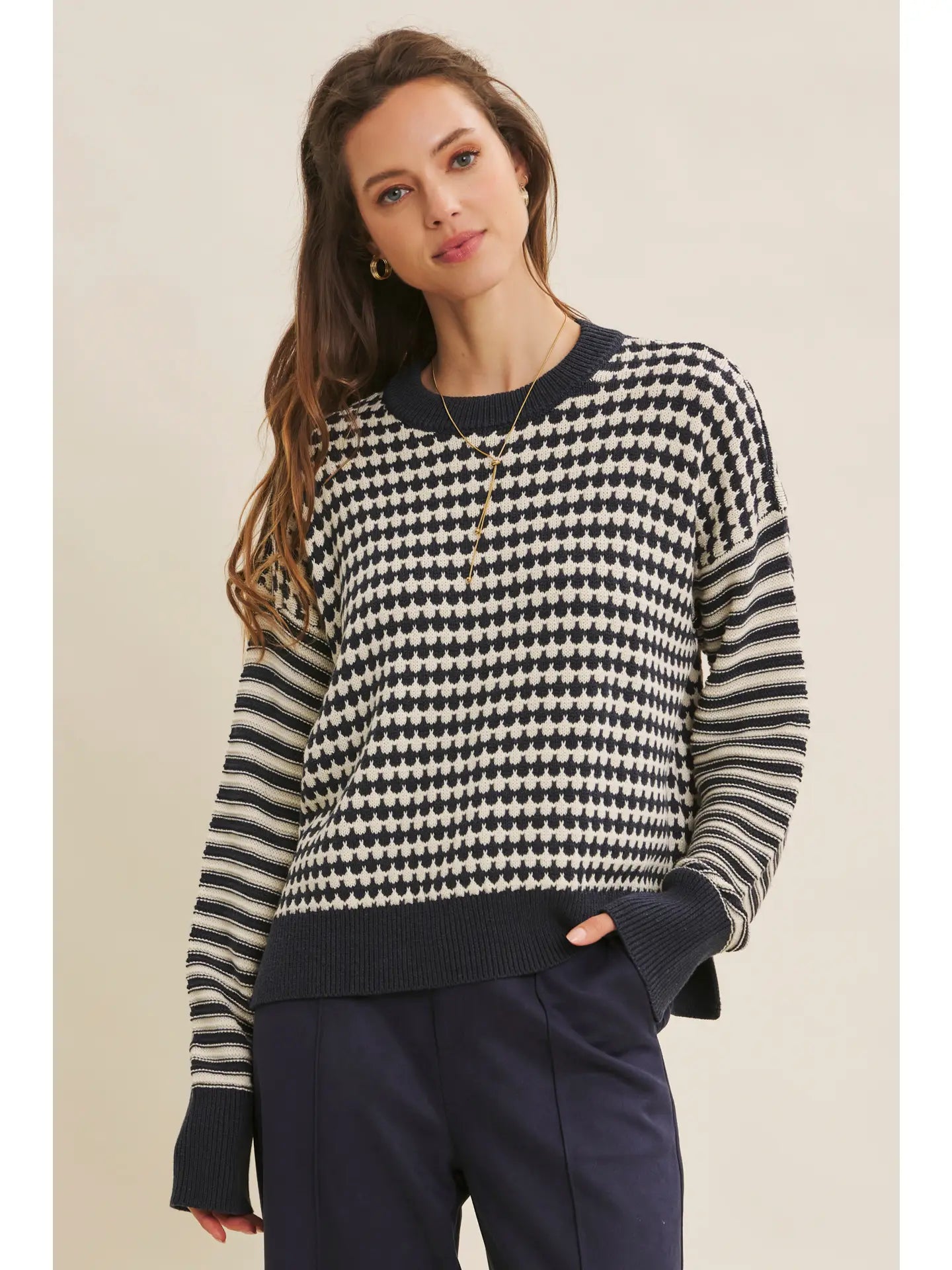 Relaxed Fit Textured Mix Stripe Crewneck Sweater