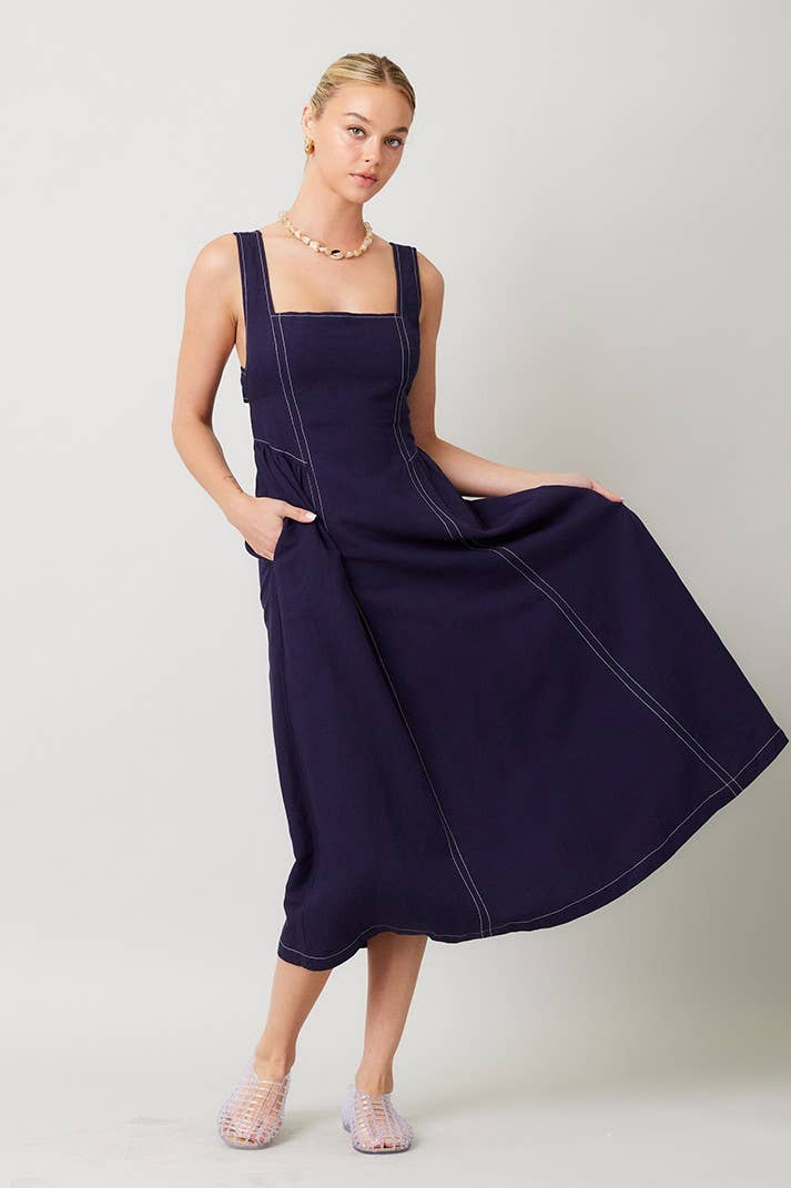 Linen Contrast Stitch Midi Dress