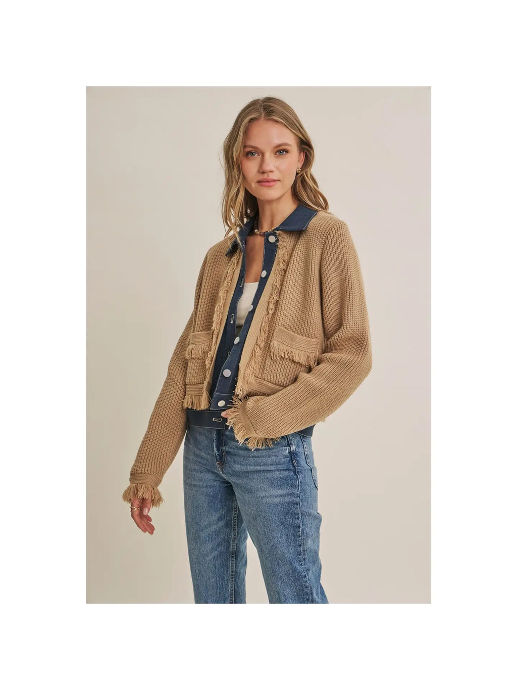 Denim Layered Sweater Fringe Cardigan Jacket