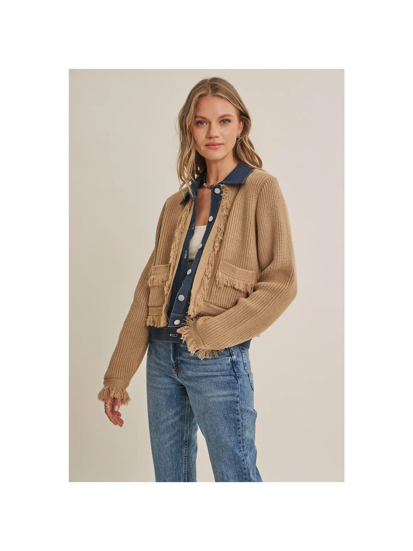 Denim Layered Sweater Fringe Cardigan Jacket
