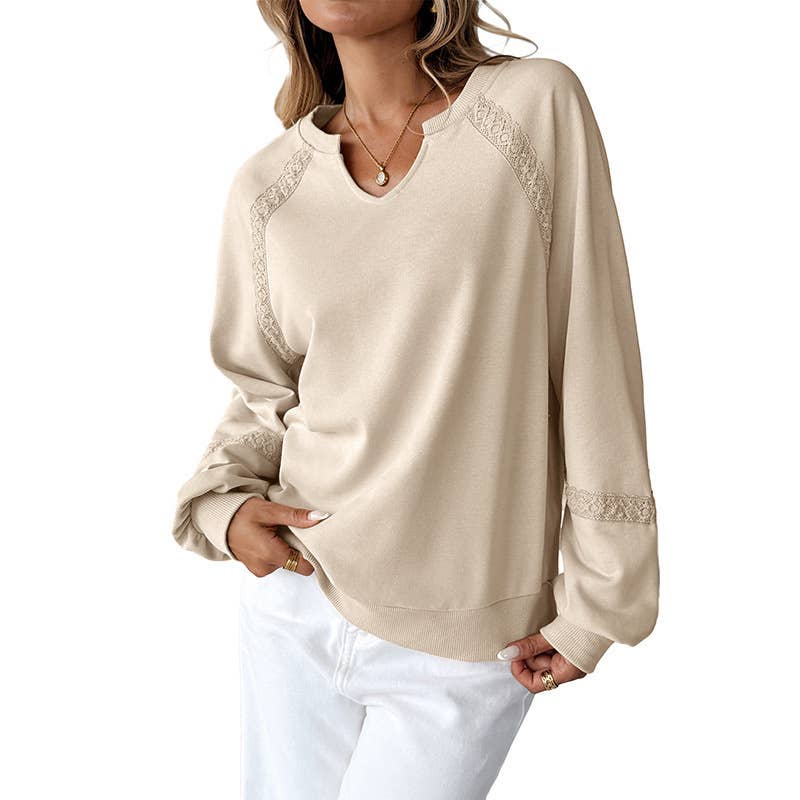 Lace Trim Long Sleeve Knit Sweatshirt