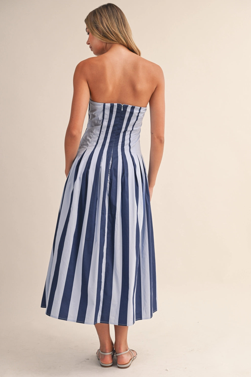 Strapless Striped Pleated Flare Midi Dress